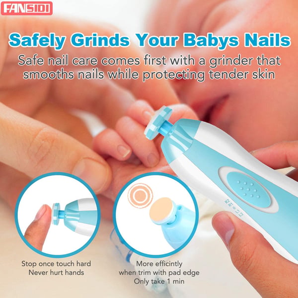 Baby Nail Trimmer, FANSIDI Baby Electric Nail File Safe Clippers with 10 Grinding Pads 8 Sandpapers LED Light, Trim Polish Grooming Kit for Newborn Infant Toddler or Adults Toes Fingernails Care, Blue
