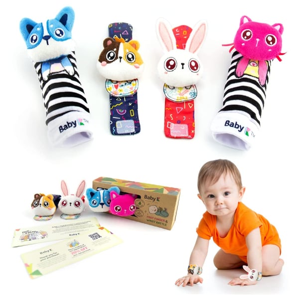 BABY K Foot Finder Socks & Wrist Rattles (House Pet Set) - Easy to Wear Baby Rattles for Girls & Boys with Gentle Sounds - Wrist Rattles for Babies 0-12 Months for Brain Development