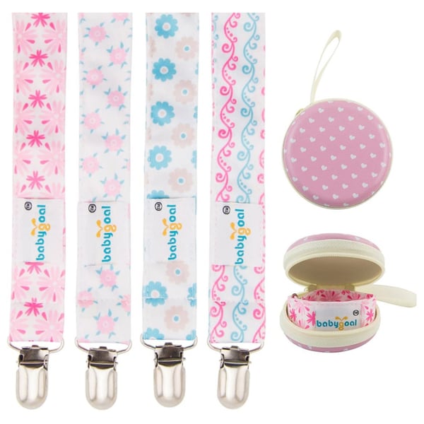 Babygoal Baby Girl Pacifier Clips with Pacifier Case, 4 Pack Metal Teething Clips & Pacifier Clips for Boys and Girls Fits Most Pacifier Styles 4MP04-HZ