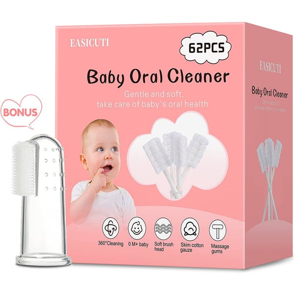 62PCS Baby Tongue Cleaner, Baby Oral Cleaner Newborn Baby Toothbrush,Disposable Infant Toothbrush Clean Baby Mouth,Gauze Gum Cleaner Stick Dental Care for 0-36 Month Baby+1 Finger Toothbrush with Case
