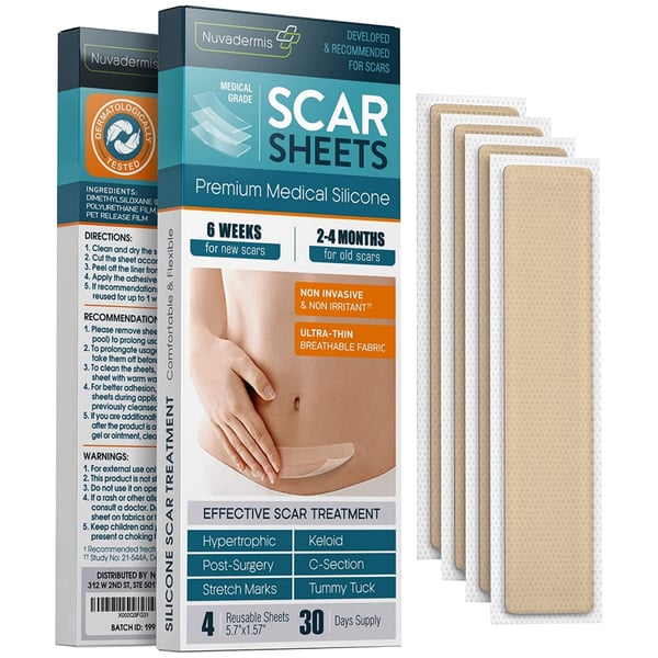 NUVADERMIS Silicone Scar Sheets, Tape, Strips - USA Tested - Healing Keloid, C-Section, Tummy Tuck - As Surgical Cream, Gel, Patch, Bandage, Pad - Surgery Scars Treatment - 4 Pack 5.7