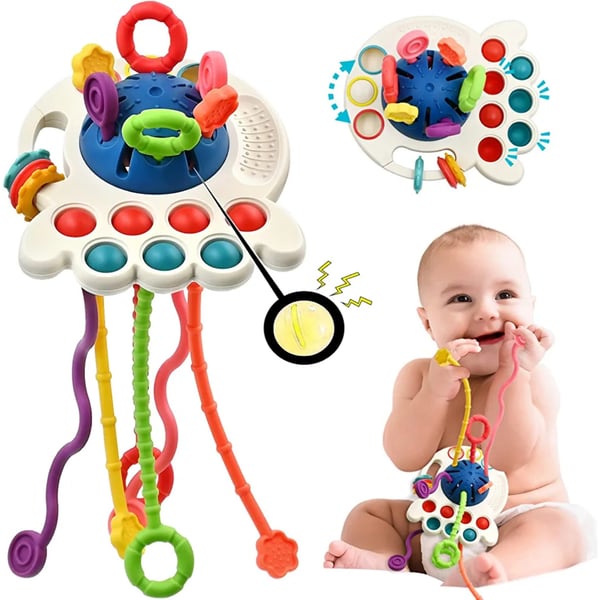 AiTuiTui Sensory Montessori Baby Toys 6 to 12 Months, Toddler Travel Toys for 1 2 Year Old Boy Girl Birthday Gifts, Soft Pull String Fidget Educational Learning Bath Toys for 9 10 18 Months Infant - Blue
