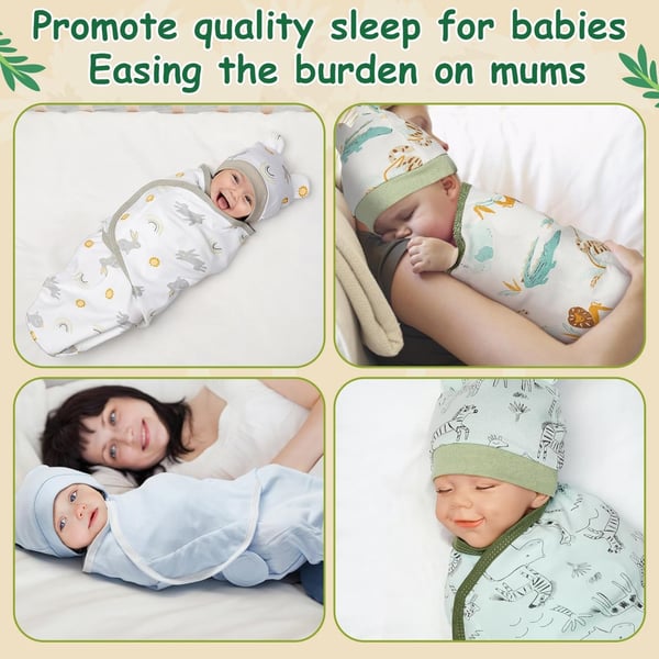 Ramede 6 Pack Baby Swaddle Blanket with Hats Sleep Swaddle for 0-3 Months Newborn Sacks Soft Cotton Wearable for Boy Girl(Whale,Blue and Green) - Ages 0 to 3 months