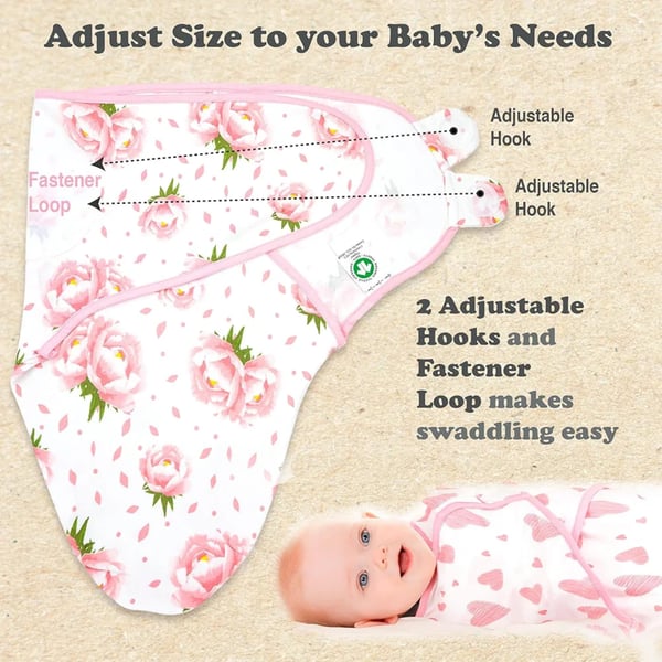 Bublo Baby Swaddles for Newborns – 3-Pack Infant Swaddles 3-6 Months – Adjustable Swaddle Sleep Sack – Soft Organic Cotton Baby Wrap for Safe & Cozy Sleep (Hearts-Flowers)