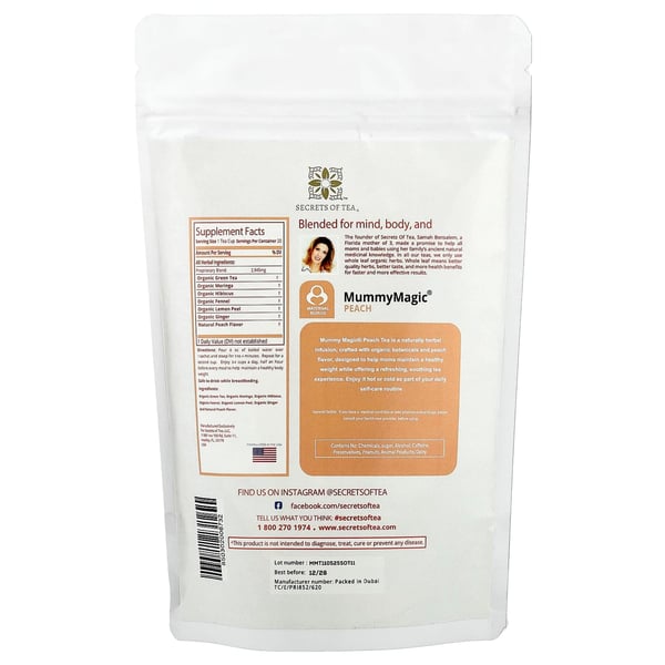 Mummy Magic Peach Tea - Natural Postpartum Weight Loss Tea Safe while Breastfeeding - Caffeine Free Slimming Tea with 40 Servings.