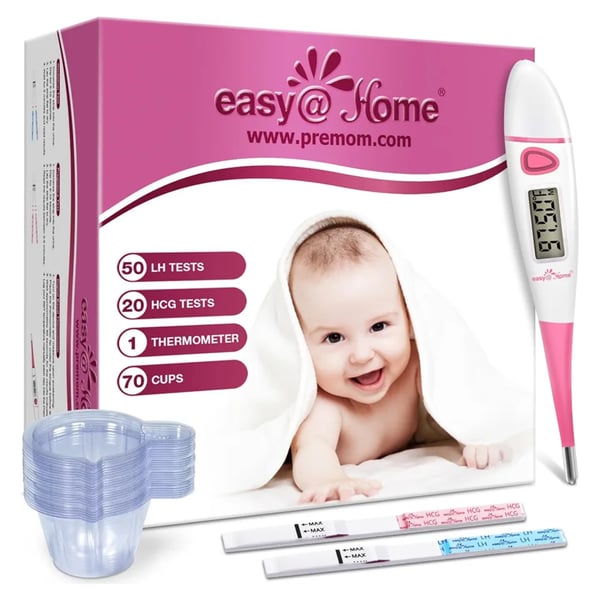 Easy@Home, Fertility Test Kit, 50 Ovulation Tests, 20 Pregnancy Tests, 1 Basal Thermometer, 141 Piece Kit