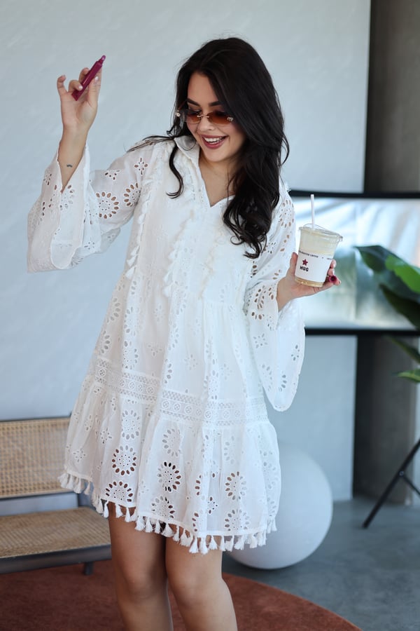 White Lace Effect Mini Dress/فستان نسائي
